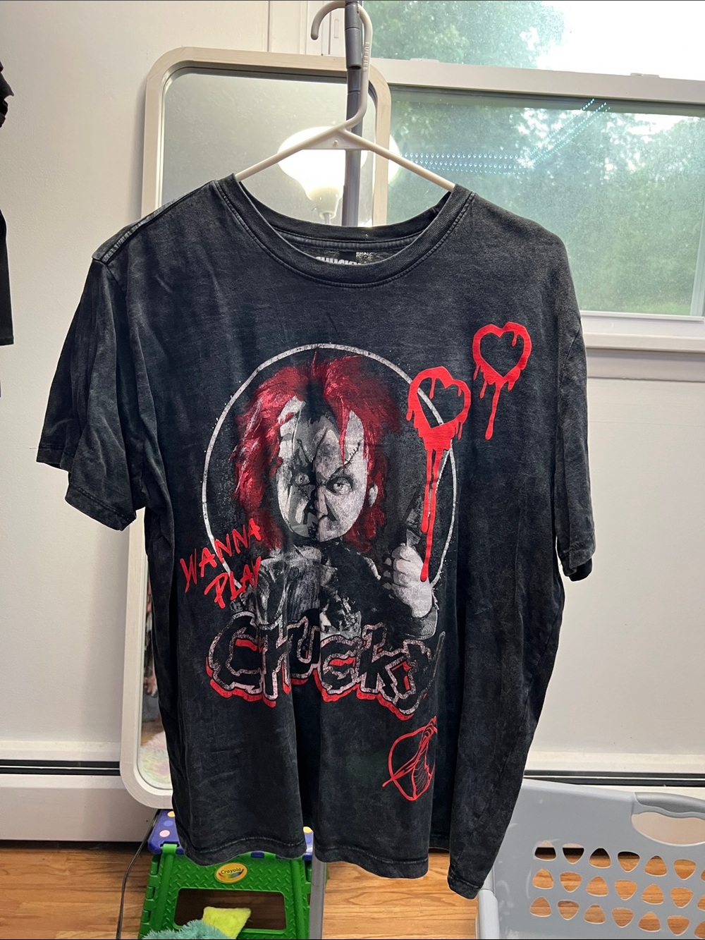 NWOT women’s Black Graphic 'Wanna Play' Chucky Horror Tee with Red Accents
